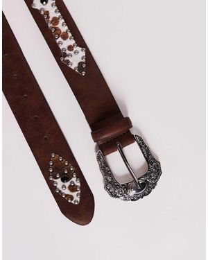 ASOS Western Cowboy Studded Belt With Cow Print Detail - Blue