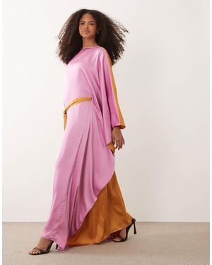 Iyal Satin Contrast Bell Sleeve Maxi Belted Kaftan Dress - Pink
