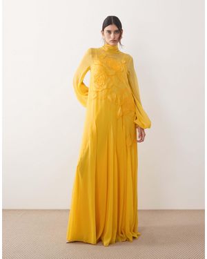 ARRANGE Applique Floral Tie Neck Blouson Sleeve Trapeze Maxi Dress - Yellow
