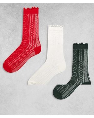 Pieces 3 Pack Pointelle Frill Socks - Multicolour