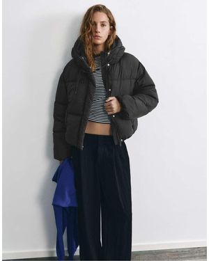 Pull&Bear Cropped Pufferjack Met Capuchon - Blauw