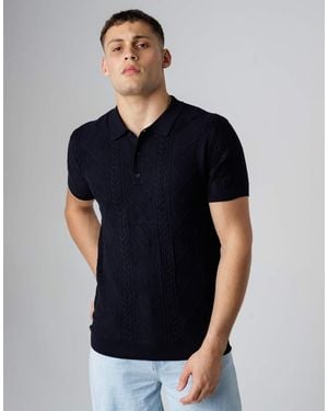 French Connection Cable Knit Short Sleeve Button Collar Polo Shirt - Blue