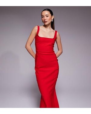 Vesper Petite Bengaline Sleeveless Square Neck Fishtail Midi Dress - Red