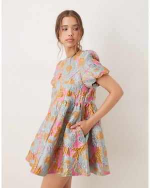 Sister Jane Puff Sleeve Jacquard Mini Dress - Metallic