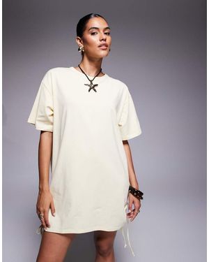 Fashionkilla Exclusive Cotton Ruched Tie Side Mini T-shirt Dress - White