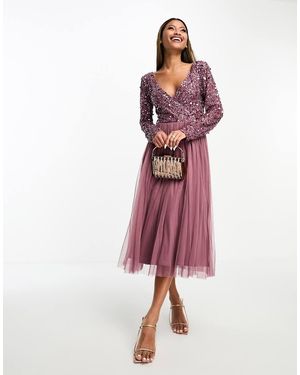 Beauut Vestido De Dama De Honor Midi Adornado De Manga Larga De -Rosa - Rojo