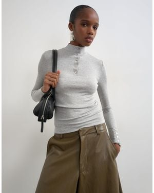 TOPSHOP High Neck Button Rib Long Sleeve Top - Gray