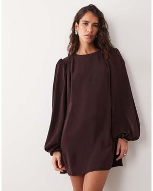 ASOS Crew Neck Mini Dress With Volume Sleeve - Brown