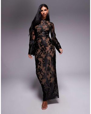 TFNC London Long Sleeve Flared Floral Lace Maxi Dress - Black