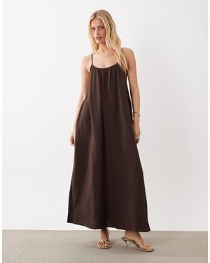 Vila Crinkle Cotton Maxi Cami Slip Dress - Brown