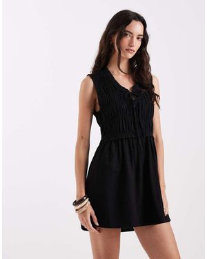ONLY Sleeveless Linen Blend Shirred Mini Dress - Black