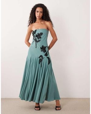 ASOS Bandeau Full Hem Floral Placement Embellished Midaxi Dress - Blue