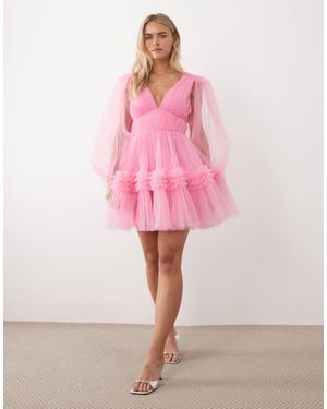 LACE & BEADS Balloon Sleeve Organza Mini Dress - Pink