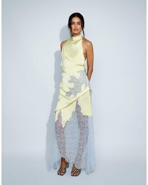 TOPSHOP Satin Halter Neck Lace Hem Occasion Maxi Dress - White