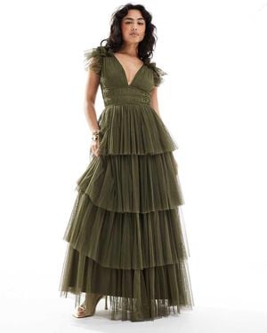 LACE & BEADS Bridesmaid Ruffle Tiered Tulle Maxi Dress - Green