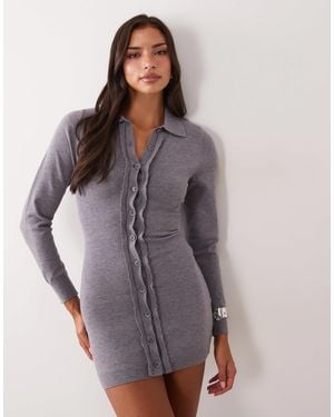 Aria Cove Textured Knit Scallop Trim Button Through Mini Sweater Dress - Gray