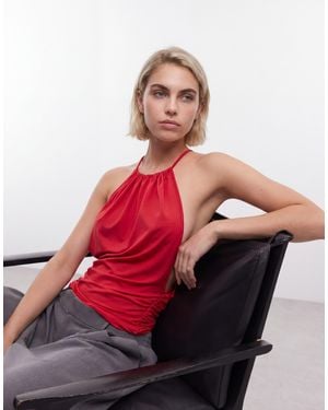 Weekday Ruched Halter Neck Top With Open Back - Red