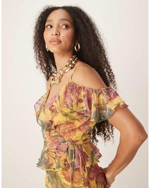 ANAYA Floral Print Wrap Cold Shoulder Top - Yellow