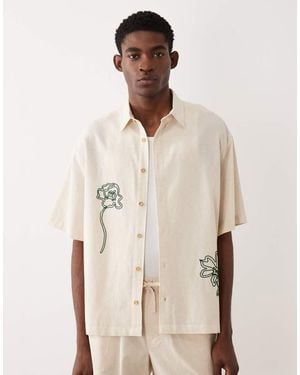 ASOS Oversized Shirt With Linen And Rope Embroidery Detail - Natural