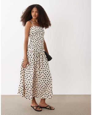 Brave Soul Strappy Midi Polka Dot Dress With Drop Waist - White