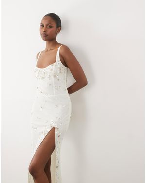 Oh Polly Premium 3d Flower Sequin Embellished Lace Up Back Maxi Dress - White