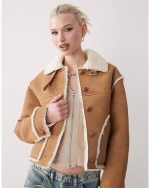 Monki Suede Aviator Jacket With Shearling Trim And Collar - Brown