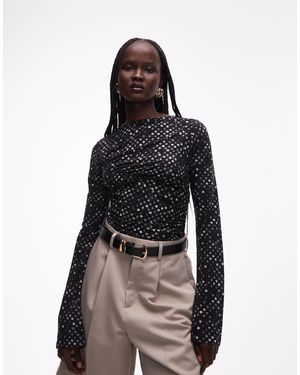 Weekday Sheer Mesh Gathered Polka Dot Top - Black