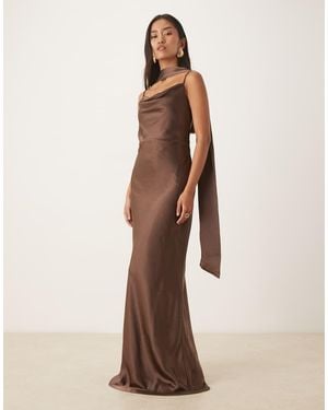 Pretty Lavish Bridesmaid Keisha Satin Cowl Neck Maxi Dress With Scarf - Brown