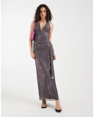 Motel Rokoyo Flower Halter Tie Waist Midaxi Dress - Purple