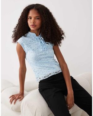 Miss Selfridge Lace Top With Tie-up Mandarin Collar - Blue
