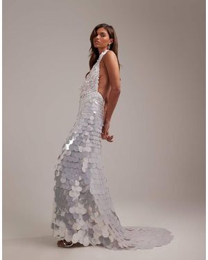 ASOS Large Paillette Sequins Plunge Halter Neck Wedding Maxi Dress - White