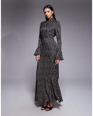 DASKA Satin Knot Detail Fluted Sleeve Maxi Dress - Gray