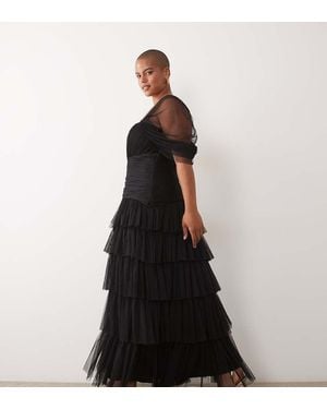 Lace & Beads Plus Tullesweetheart Fallen Shoulder Asymmetric Ruffle Detail Maxi Dress - Black
