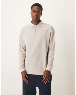 New Look Textured Long Sleeve Polo Shirt - Natural