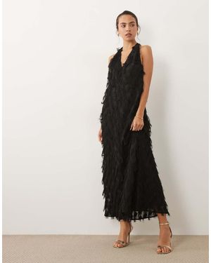 ASOS Textured Fringe Plunge Backless Halter Maxi Dress - Black