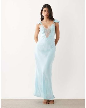 Bardot Vestido Largo Escotado De Satén Con Detalle De Encaje Ivy De - Azul
