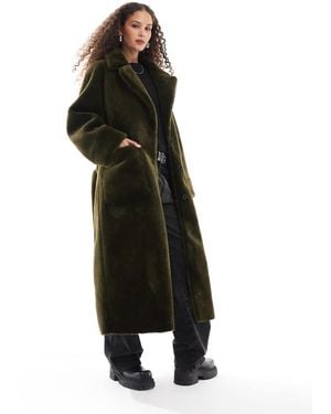 Urbancode Faux Shearling Belted Maxi Coat - Black