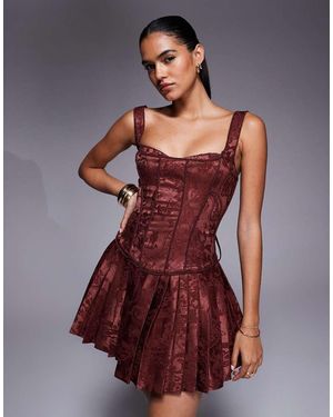 Murci Satin Jacquard Structured Corset Square Neck Pleated Mini Dress