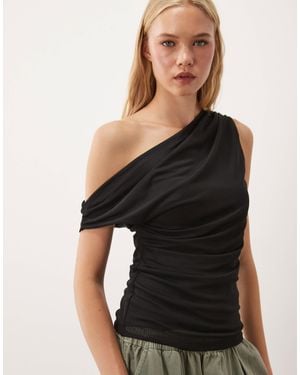 Vila Off Shoulder Ruched Mesh Top - Black