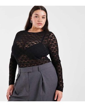 ASOS Asos Design Curve Lace Sheer Long Sleeve Bodysuit - Black