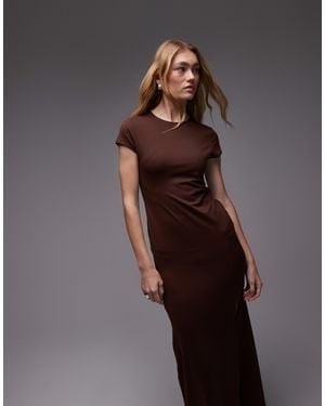 ASOS Cap Sleeve Ruched Side Midi With Front Split - Brown