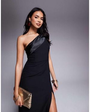 Vesper Satin One Shoulder Contrast Maxi Dress - Blue
