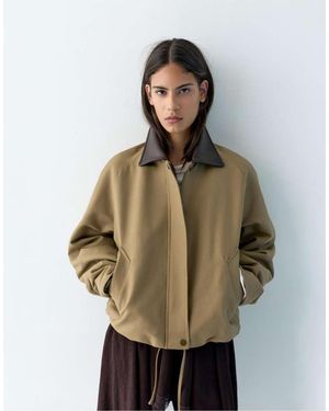 Pull&Bear Jacket With Leather Effect Collar - Natural