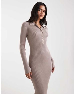 French Connection Polo Neck Ribbed Knit Bodycon Midi Dress - Brown