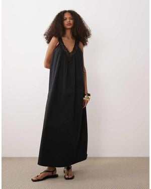 ASOS V Neck Smock Poplin Maxi Sundress With Lace Overlay - White