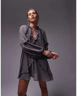 TOPSHOP Frill Trapeze Mini Dress - Grey