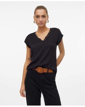 Vero Moda Blusa Negra De Manga Corta Con Ribete De Encaje De - Azul