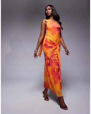 ASOS One Shoulder Mesh Maxi Dress With Knotted Skirt Detailing - Orange