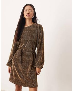 Vila Gold Foil Tie Waist Mini Dress - Brown