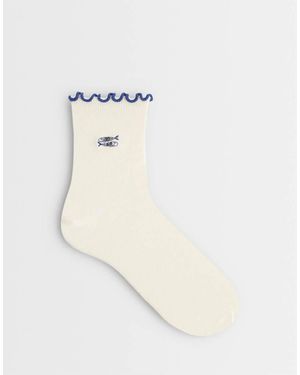 ASOS Frill Edge Ankle Socks With Sardine Embroidery - Natural
